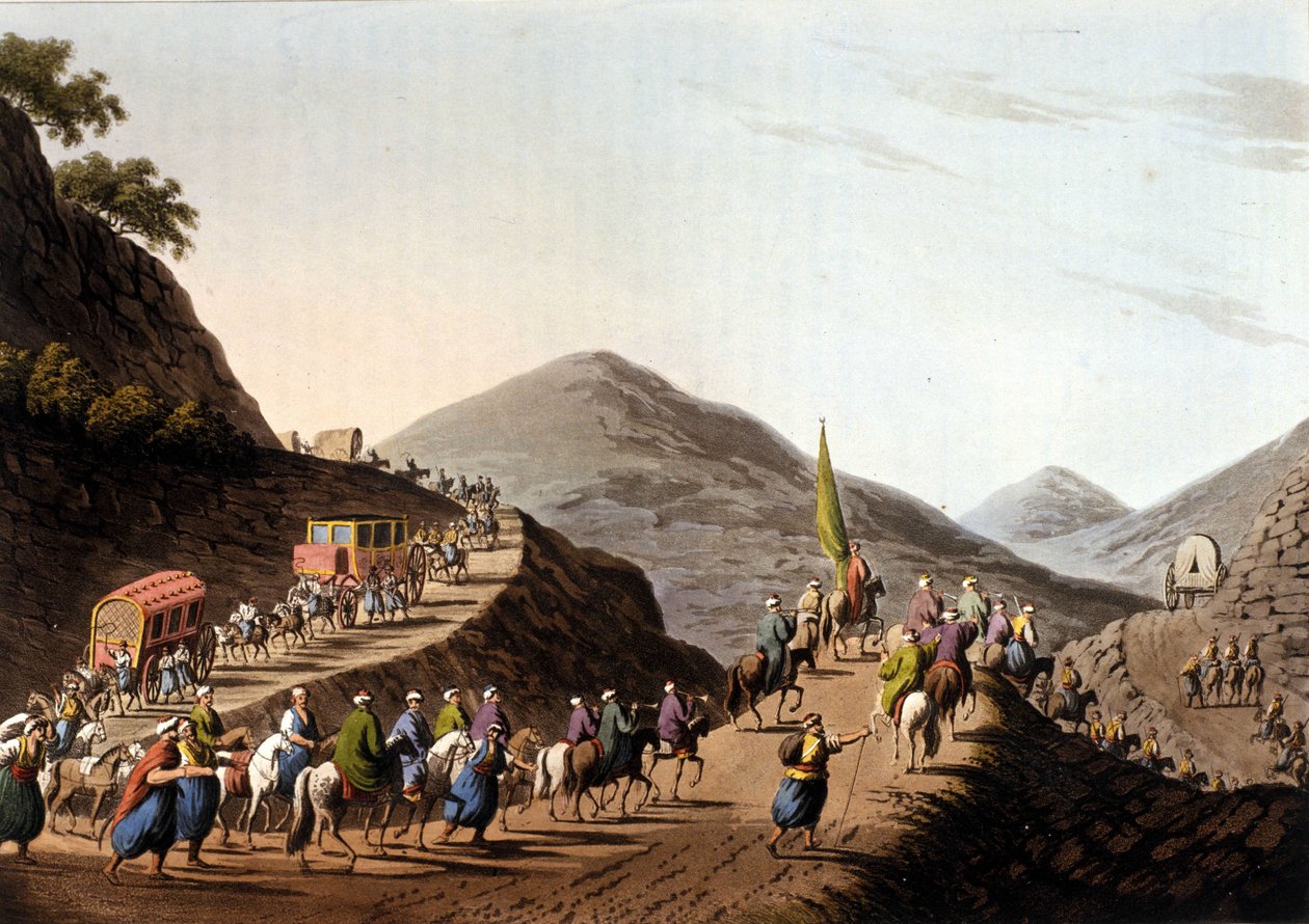 Utvandring på veiene til Balkanfjellene - i "" Utsikt i de osmanske dominansene, i Europa, i Asia og noen av øyene i Middelhavet"" fra de originale tegningene av Luigi Mayer, London av Luigi Mayer
