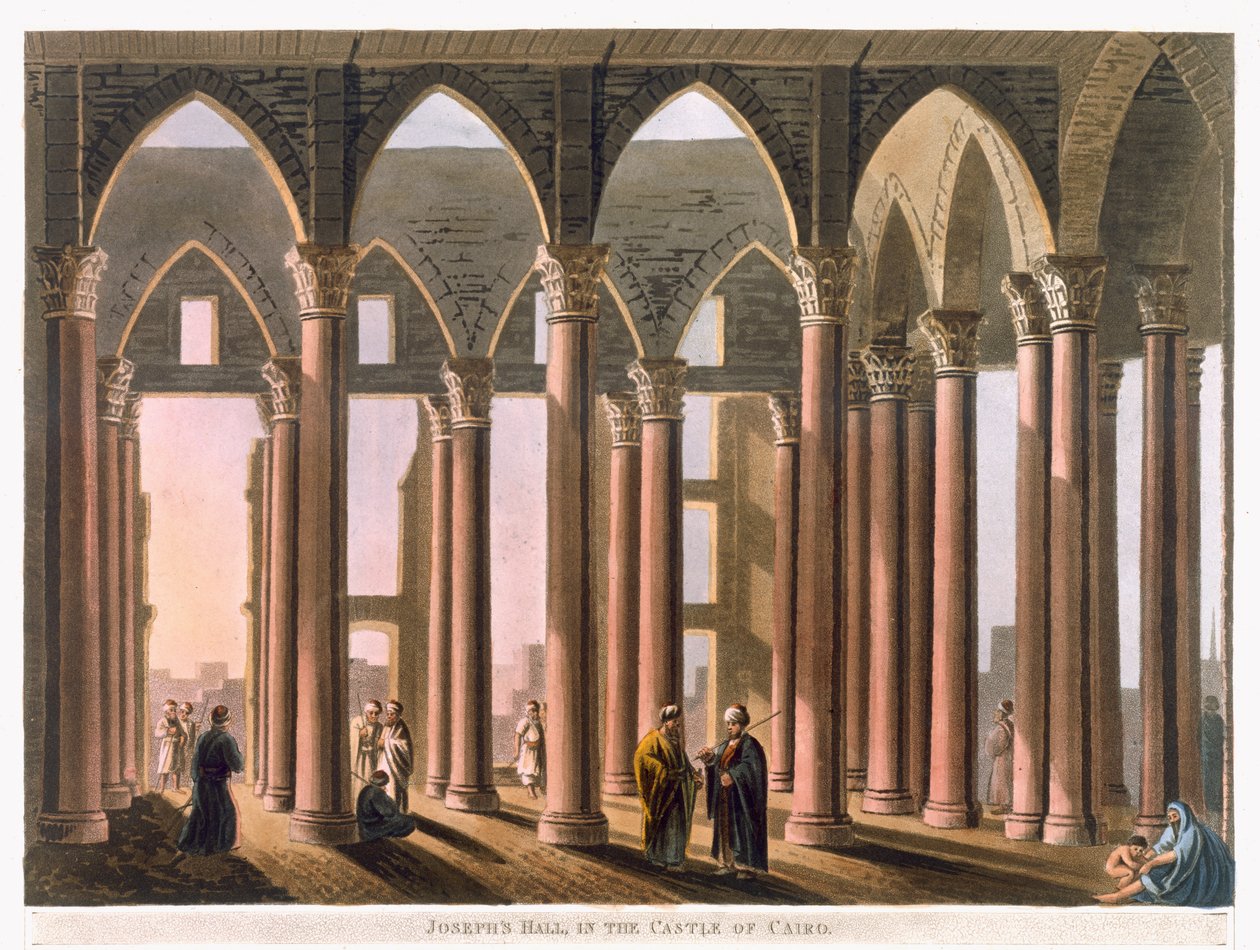 Joseph's Hall i Castle of Cairo, plate 31 fra 'Views in Egypt', gravert av Thomas Milton (1743-1827) pub. av Robert Bowyer (1758-1834) 1802 (akvatint) av Luigi Mayer