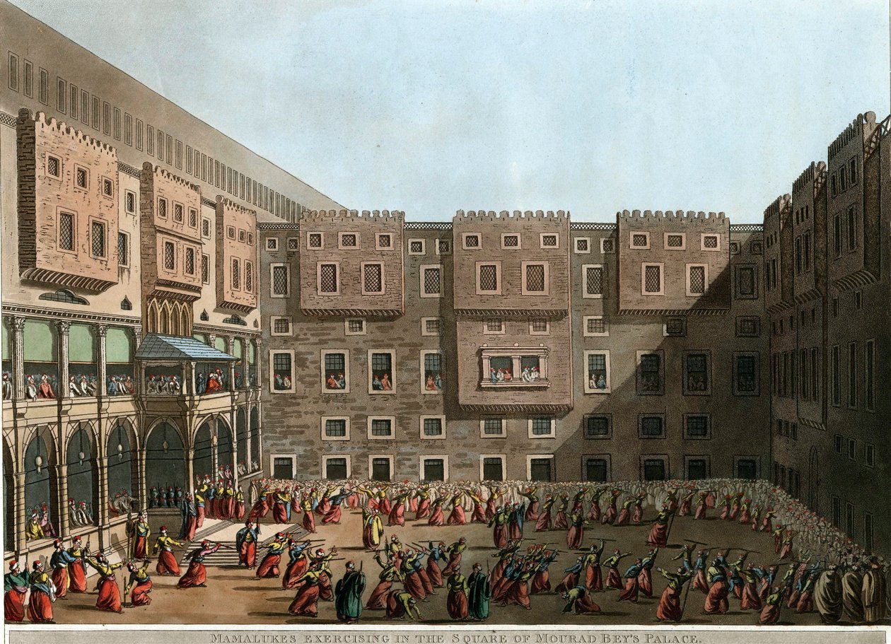 ""Mamluks som trener på gårdsplassen til Mourad Bey-palasset, Tunis"" (Mamlukker som trener på torget til Murad Beys palass) Litografi av Luigi Mayer (1755-1803) - 1802 Dim 22,9x31,6 cm Privat samling av Luigi Mayer