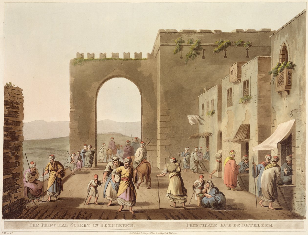 The Principal Street i Bethlehem, fra 'Views of Palestine', Vol. II, utgitt av R. Bowyer Historic Gallery, London, 1803 (farget akvatint) av Luigi Mayer