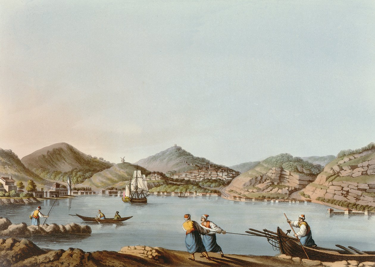 The Western Harbor of the Island of Samos, plate 60 fra Views in the Ottoman Dominions, pub. av R. Bowyer, 1810 (akvatint) av Luigi Mayer