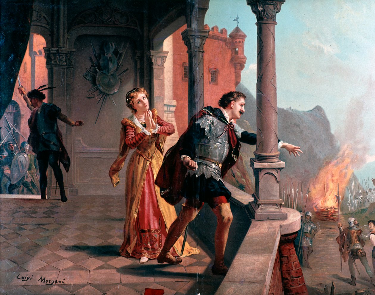 Illustrasjon for Manrico aria, Di quel pira Act III, i Il Trovatore, opera av Giuseppe Verdi av Luigi Morgari