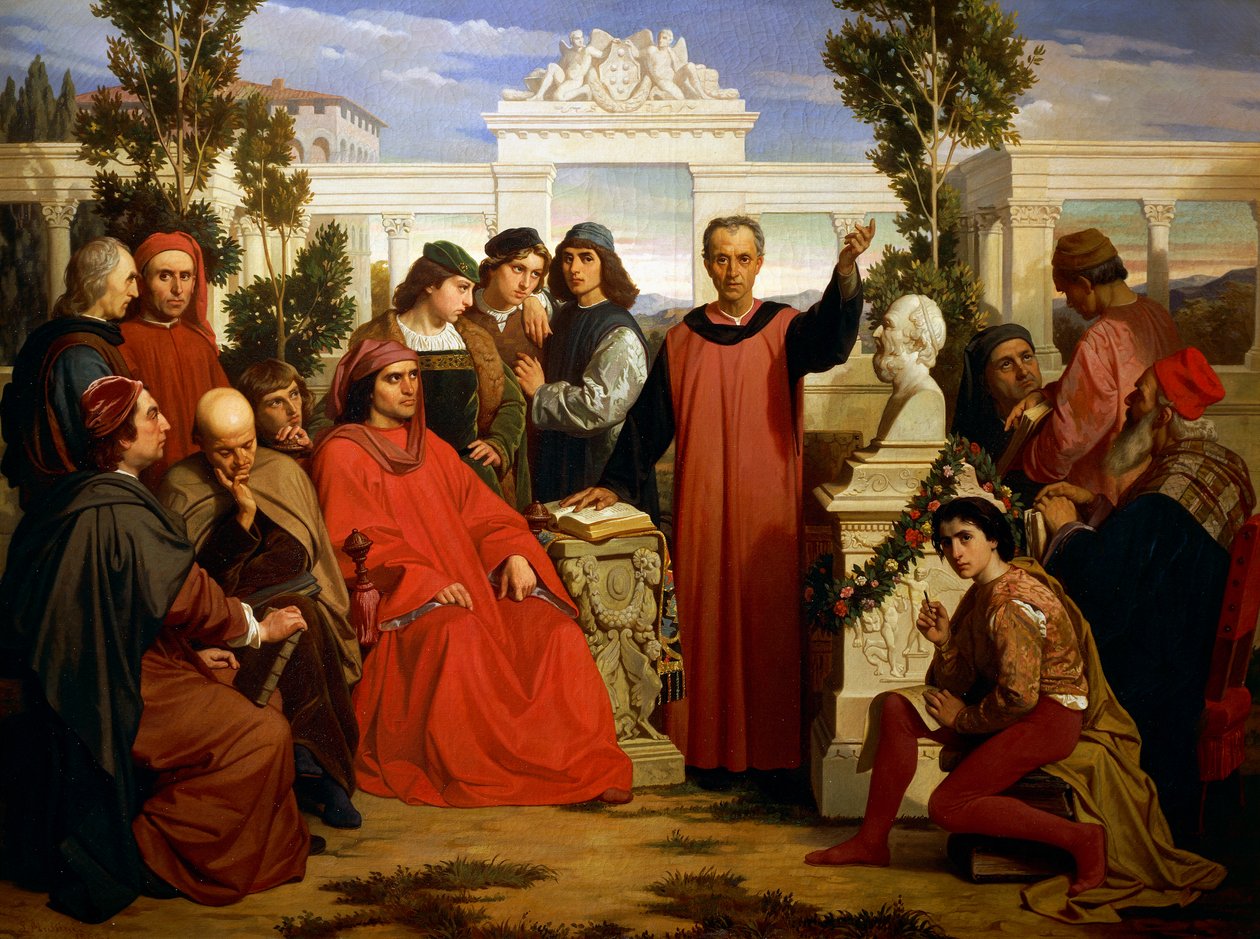 Bursdag og parentalia til Platon (428 f.Kr.-348 eller 427 eller 347 f.Kr.), feiret på Villa di Careggi av Lorenzo Magnificent av Luigi Mussini
