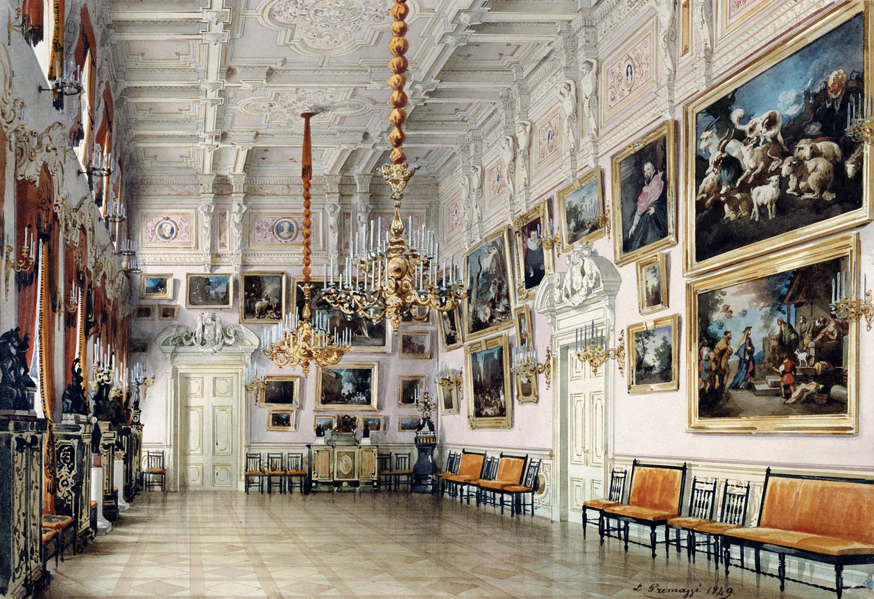 Dansesalen i grev Bezborodkos hus, St. Petersburg, 1849 (penn, pensel, wc, blekk og hvit farge på papir, 1849 (penn, pensel, wc, blekk og hvit farge på papir) av Luigi Premazzi