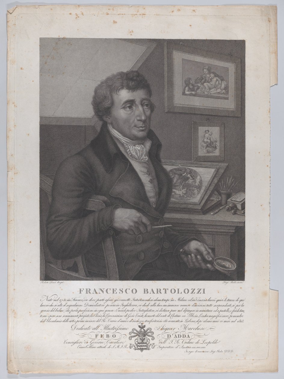 Portrett av Francesco Bartolozzi, sittende, med et forstørrelsesglass med trykkverktøy..., 1827 av Luigi Rados