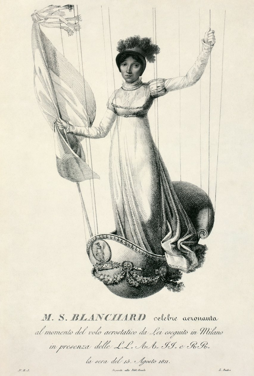 Portrett av den franske ballongfareren Sophie Blanchard under hennes flytur i Milano, Italia, 1811 av Luigi Rados