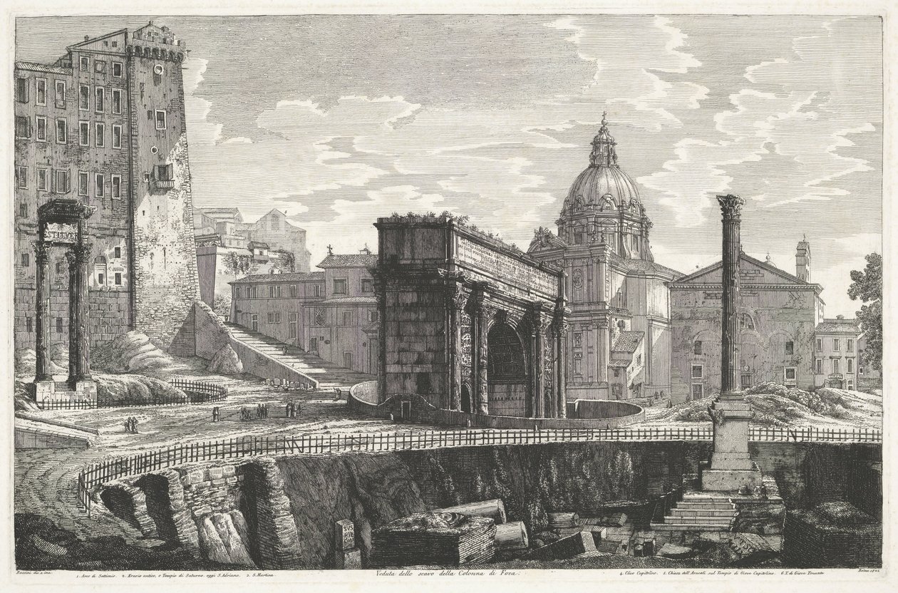 De Zuil van Phocas på Forum Romanum Veduta dello scavo della Colonna di Foca (tittel på objekt) av Luigi Rossini