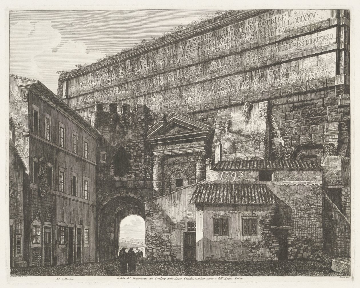 Porta Maggiore i Roma Utsikt over monumentet til Condotto delle Acque Claudia, og Anione Nuovo, og av Acqua Felice (tittel på objektet) av Luigi Rossini