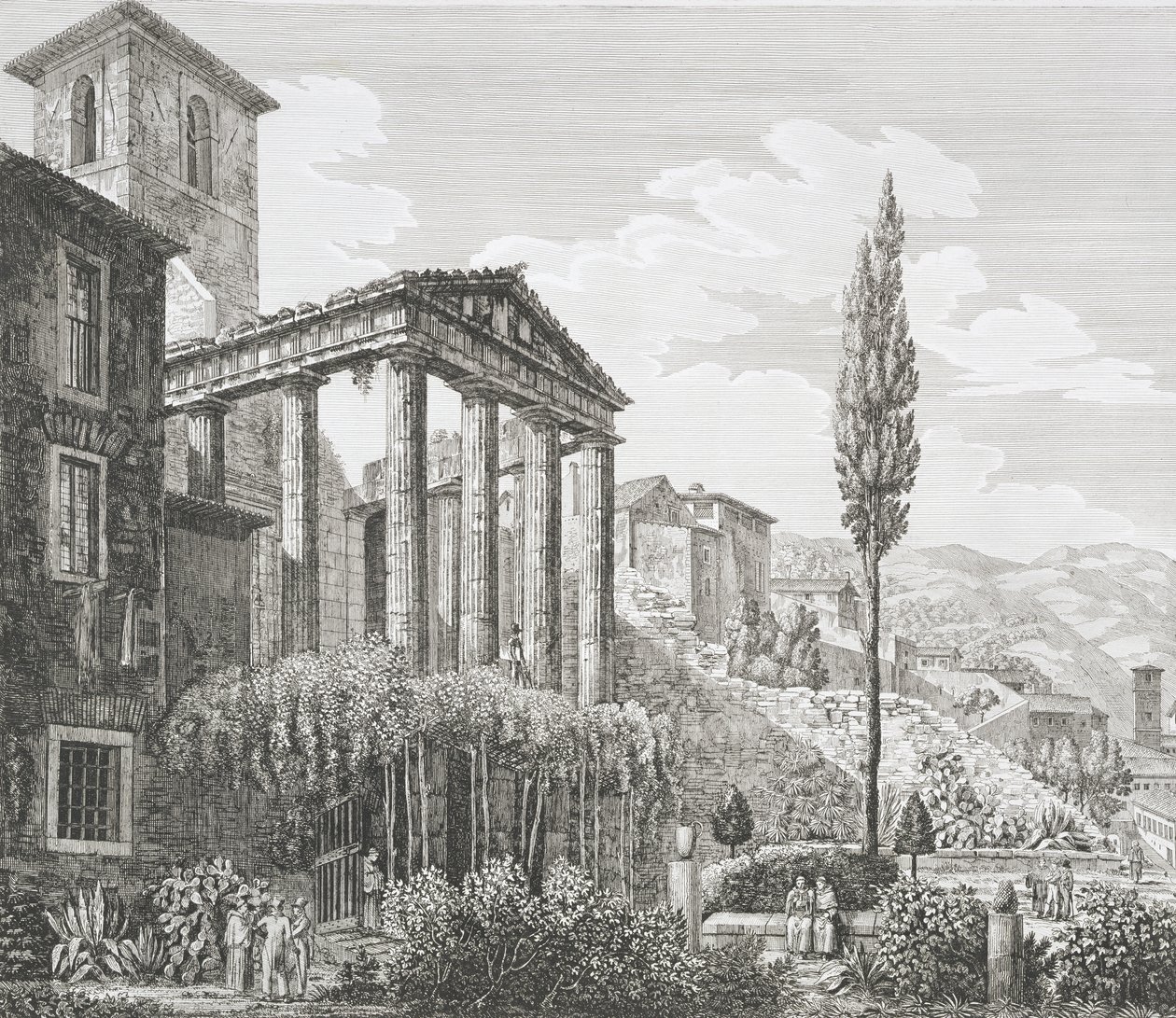 Temple of Hercules at Cora, fra 'The Antiquities of the Contours of Rome', utgitt 1824-26 (se også 205038) av Luigi Rossini
