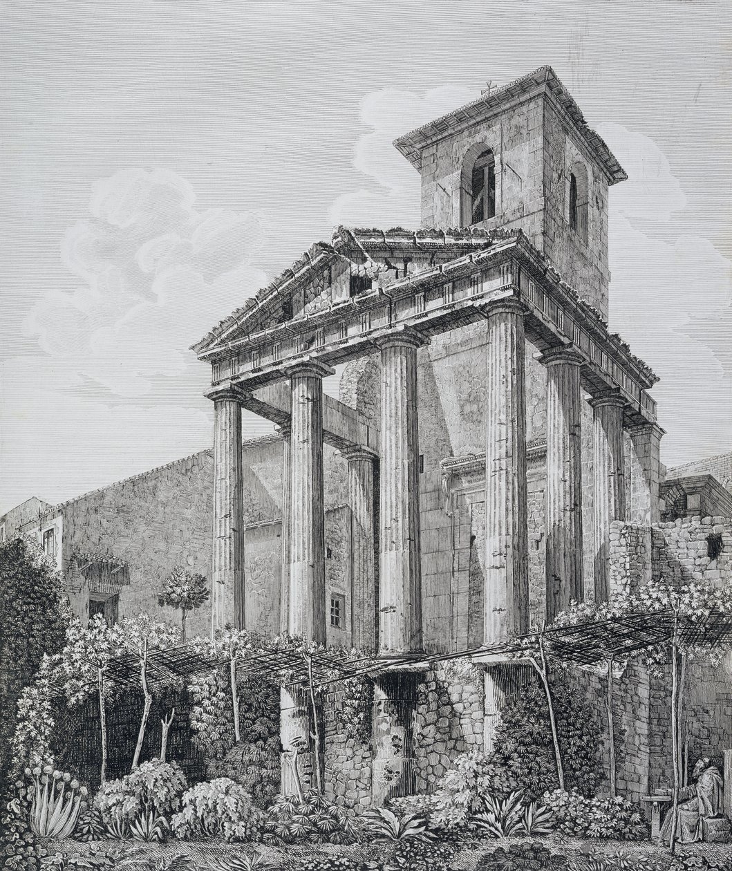 Temple of Hercules at Cora, fra 'The Antiquities of the Contours of Rome', utgitt 1824-26 (se også 205039) av Luigi Rossini