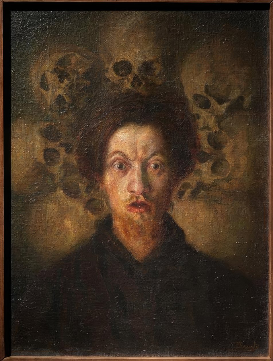 Selvportrett med hodeskaller av Luigi Russolo