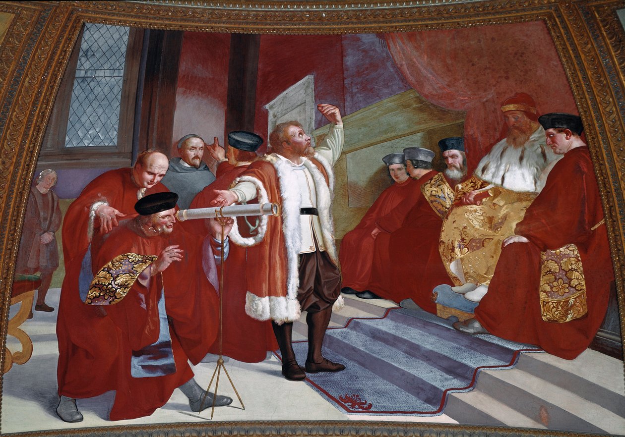 Galilee dit Galileo Galilei (1564-1642) i nærvær av dogen. Forskeren presenterer teleskopet ved senatet i Venezia i klokketårnet på Markusplassen. Maleri av Luigi Sabatelli (1772-1850). Fresco. Firenze, Tribuna Galileiana av Luigi Sabatelli