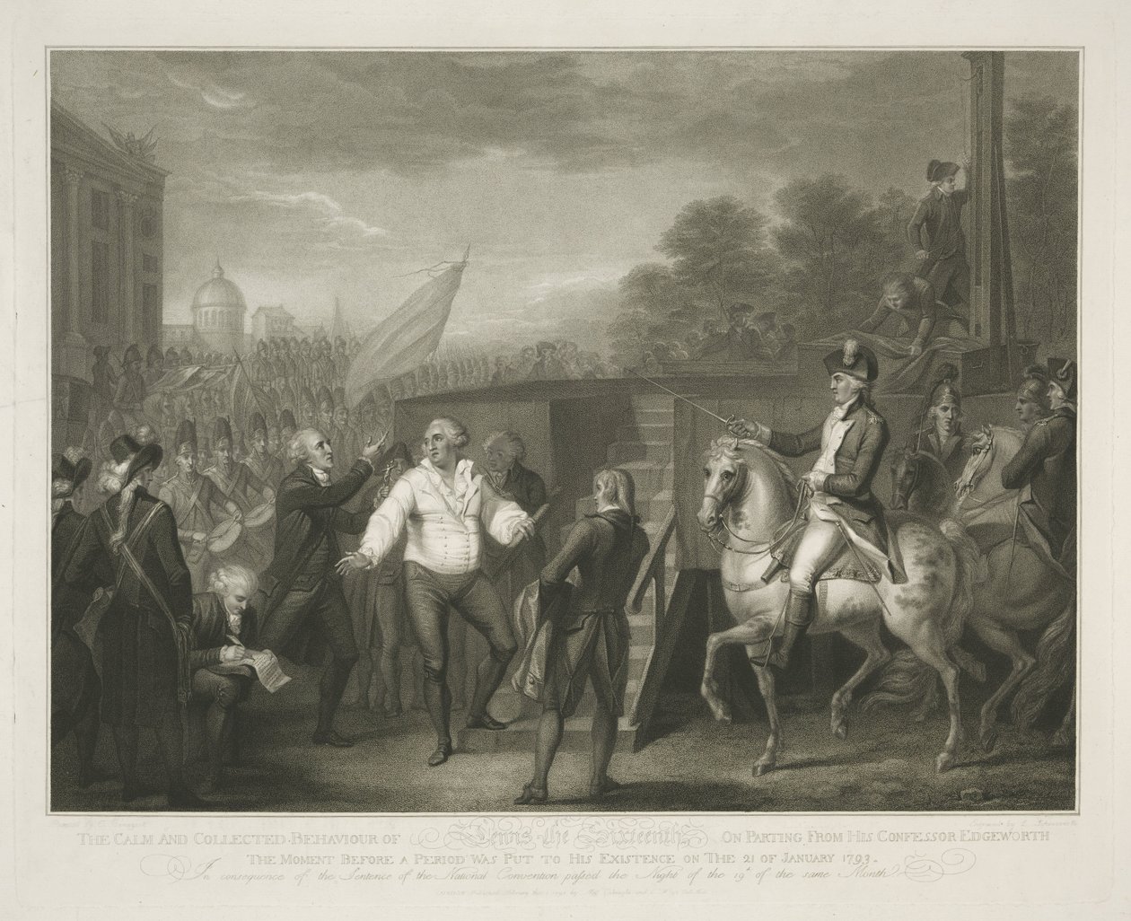 Lodewijk XVI ved det schavot Den rolige og oppsamlede oppførselen til Lewis den sekstende ved avskjed fra sin skriftefar Edgeworth / øyeblikket før en periode ble satt til hans eksistens den 21. januar 1793 (tittel på objekt) av Luigi Schiavonetti