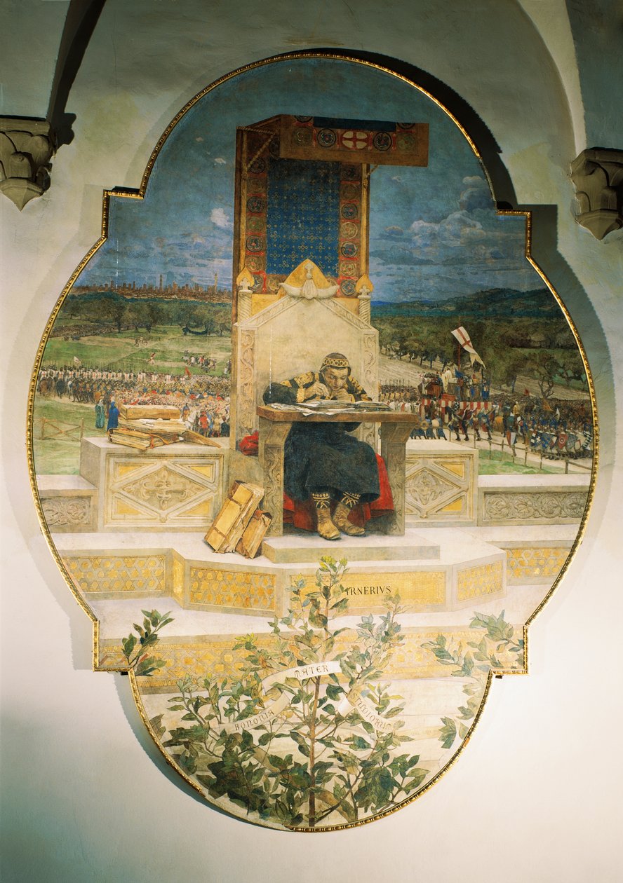 Irnerio bemerker gamle lover, av Luigi Serra (1846-1888), frittstående freskomaleri, 486x355 cm av Luigi Serra