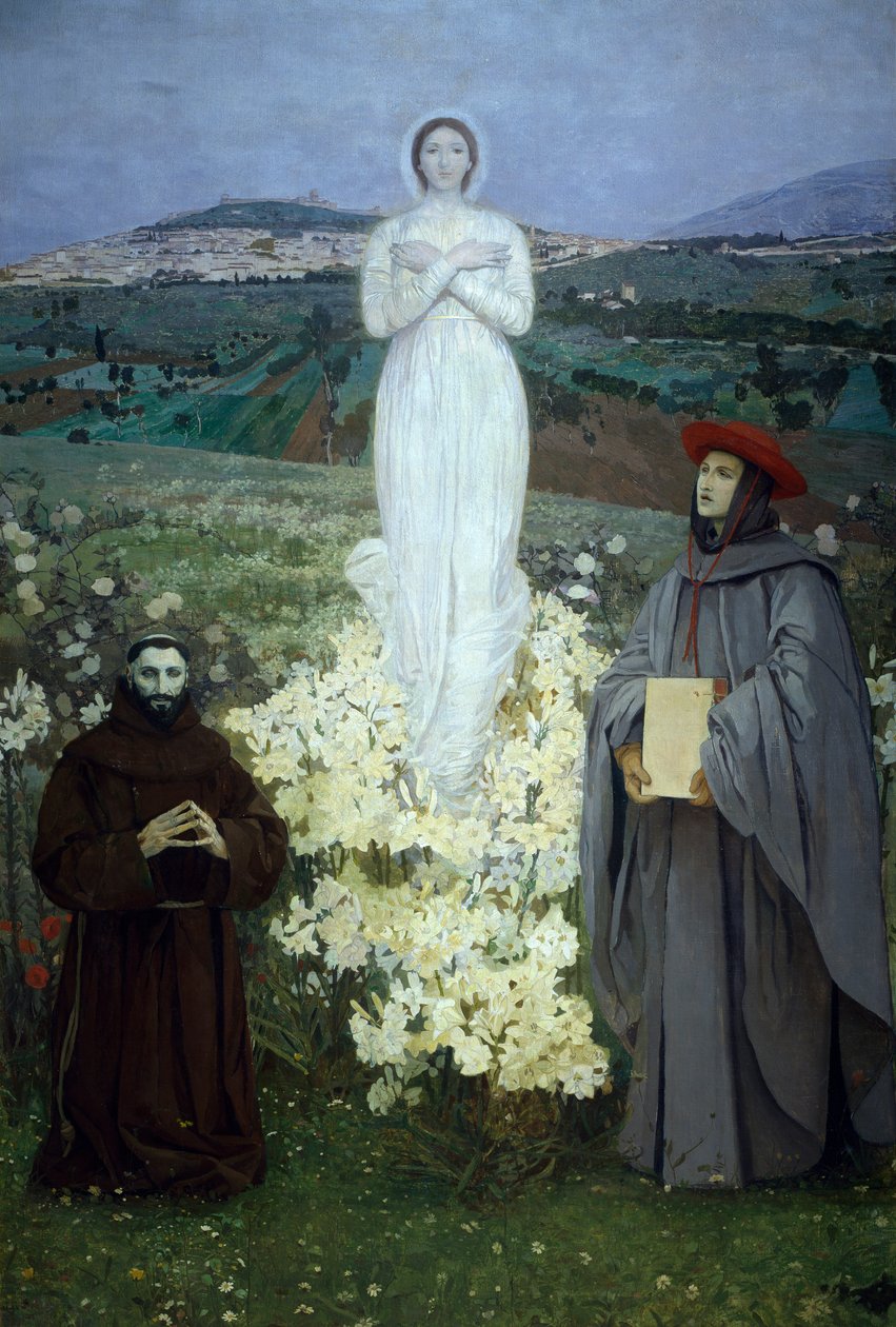 Jomfruens åpenbaring for den hellige Frans av Assisi og Bonaventure, av Luigi Serra (1846-1888). av Luigi Serra