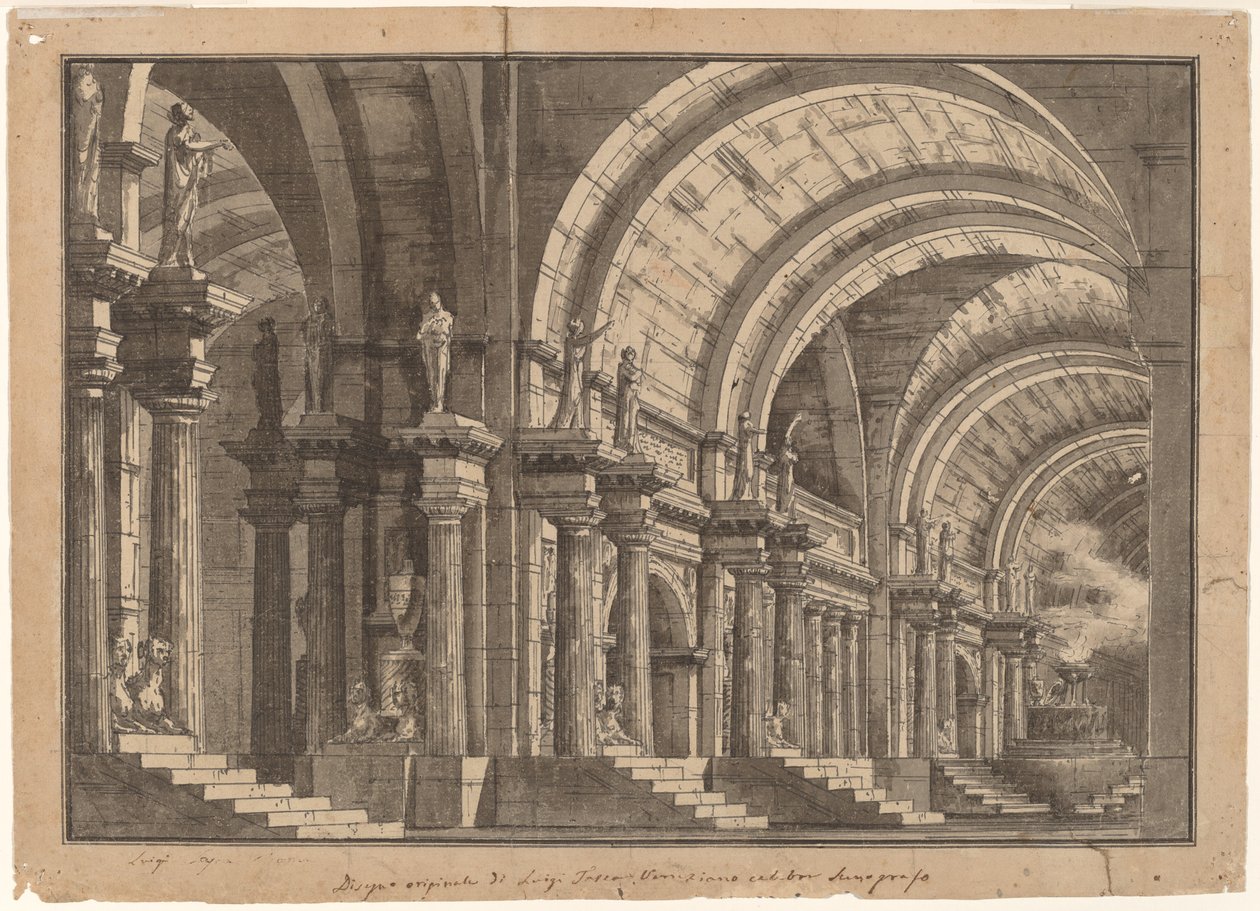 En monumental hvelvet hall med et rykende alter av Luigi Tasca