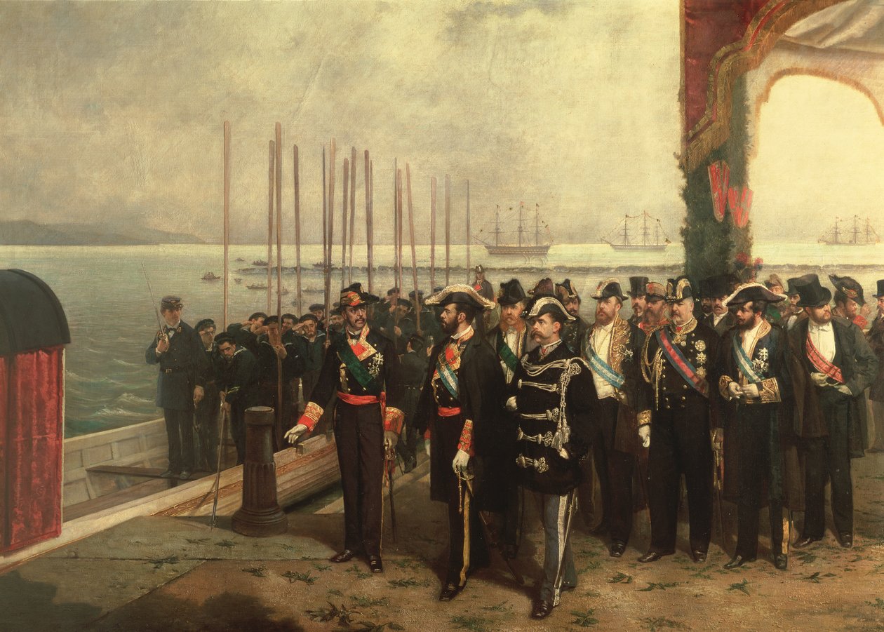 Ombordstigning av Amadeo I (1845-90) fra Savoy for Spania (olje) av Luis Alvarez Catalá