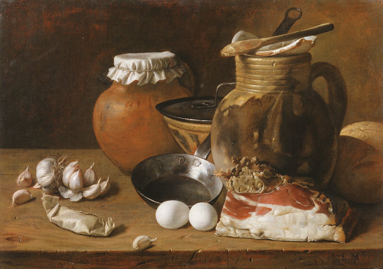 Et stilleben av skinke og egg av Luis Egidio Melendez