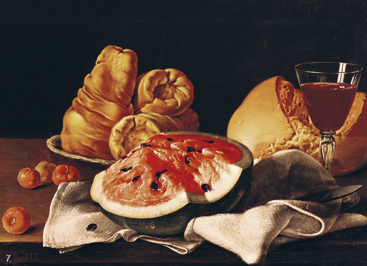 Glass vin, vannmelon og brød av Luis Egidio Melendez