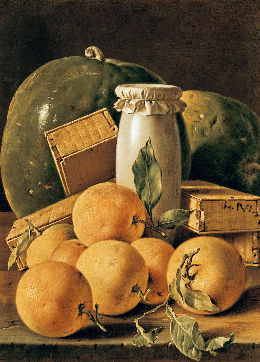 Stilleben med appelsiner, vannmelon, en gryte og kakebokser av Luis Egidio Melendez