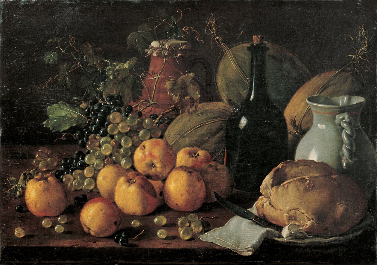 Stilleben med epler, druer, meloner, brød, kanne og flaske av Luis Egidio Melendez