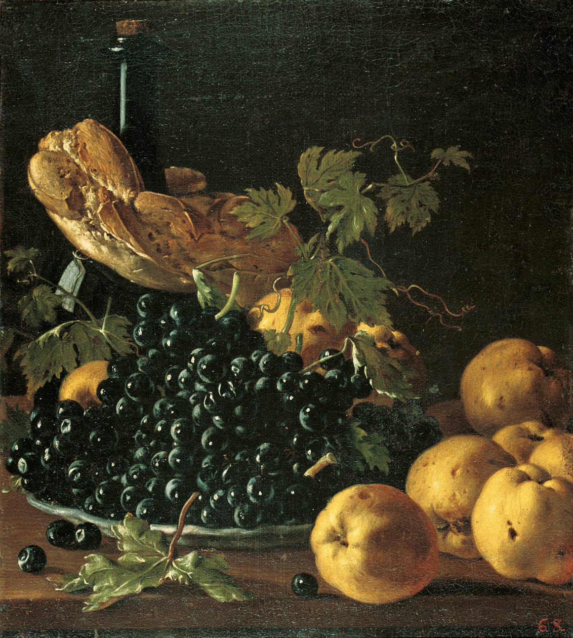 Stilleben med brød, epler, druer og en flaske av Luis Egidio Melendez