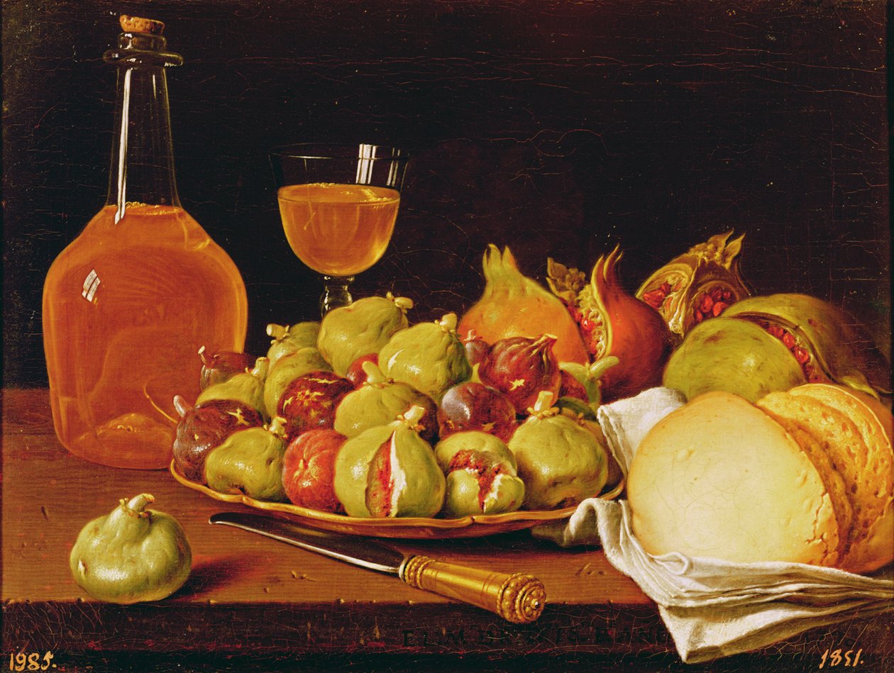 Stilleben med en tallerken fiken og granatepler, brød og vin av Luis Egidio Melendez