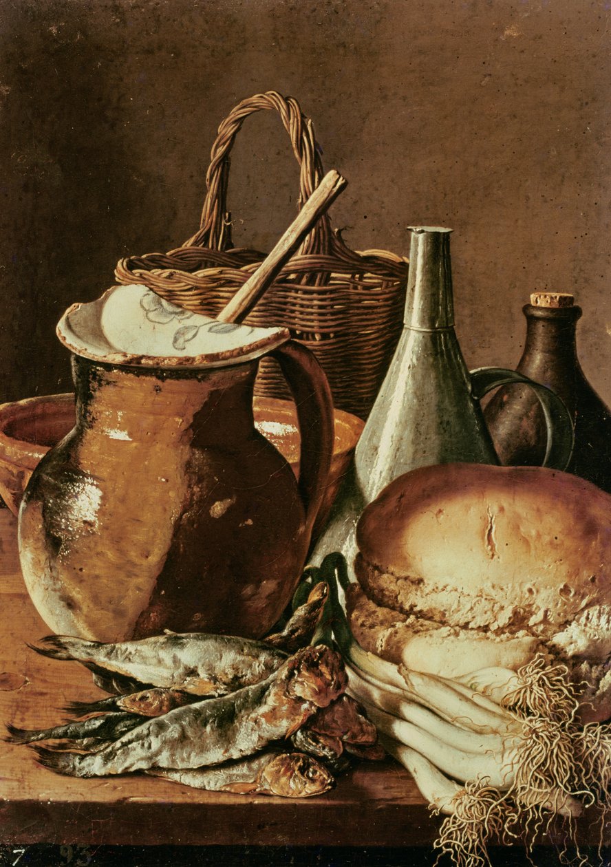 Stilleben med brød, fisk og purre av Luis Egidio Melendez