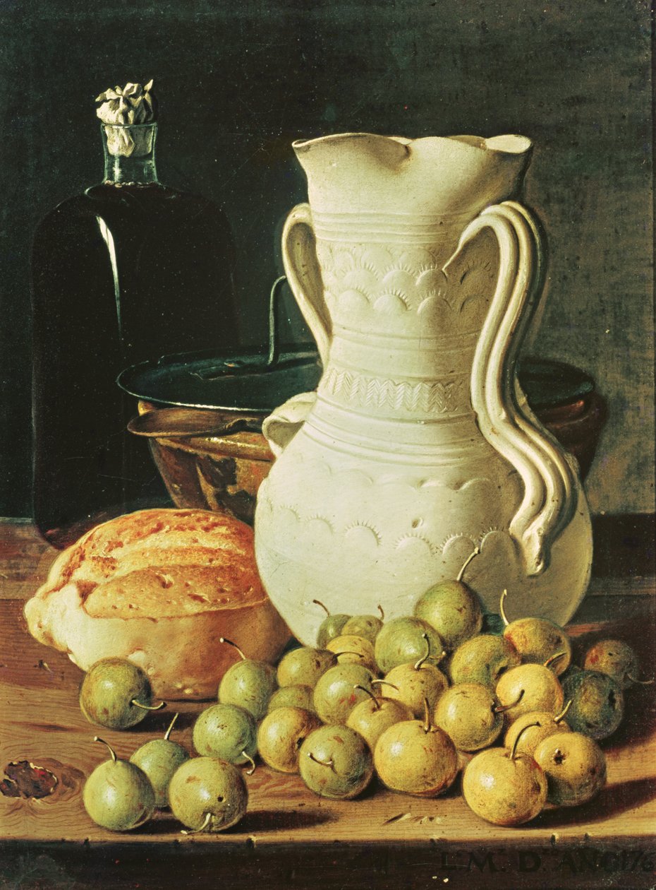 Stilleben med brød, greengages og mugge av Luis Egidio Melendez