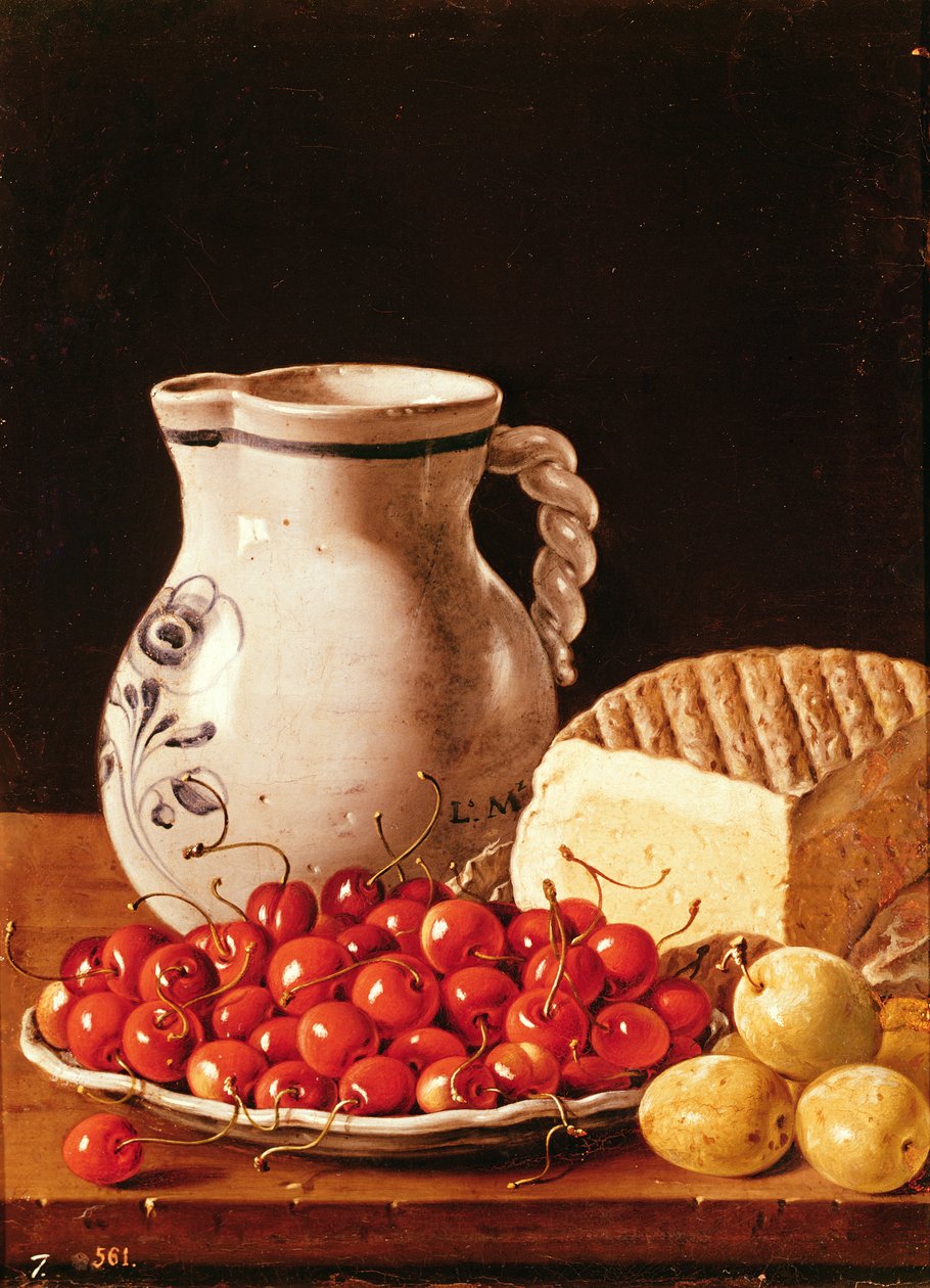 Stilleben med kirsebær, ost og greengages av Luis Egidio Melendez