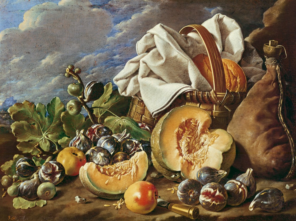 Stilleben med fiken, flettet kurv, gresskar, brød, vinskinn og kniv av Luis Egidio Melendez