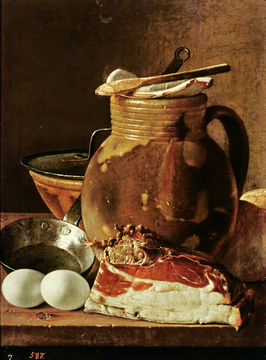 Stilleben med skinke, egg, brød, stekepanne og mugge av Luis Egidio Melendez