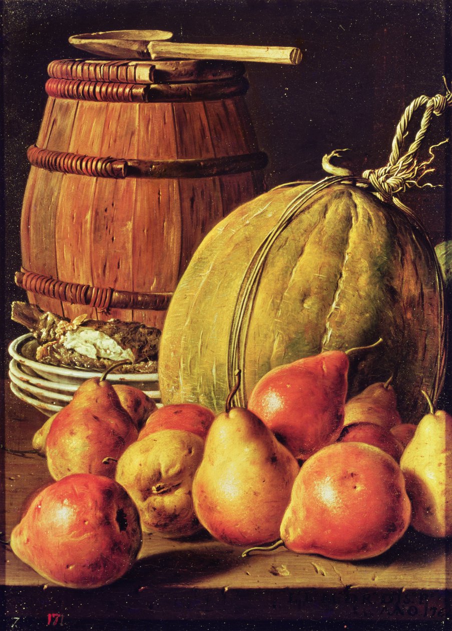 Stilleben med pærer, melon og fat til marinering av Luis Egidio Melendez