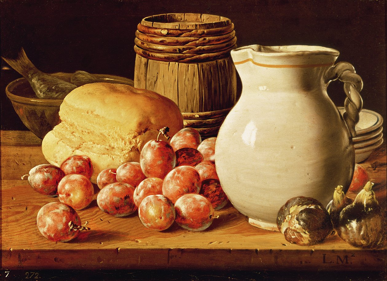 Stilleben med plommer, fiken, brød og fisk av Luis Egidio Melendez