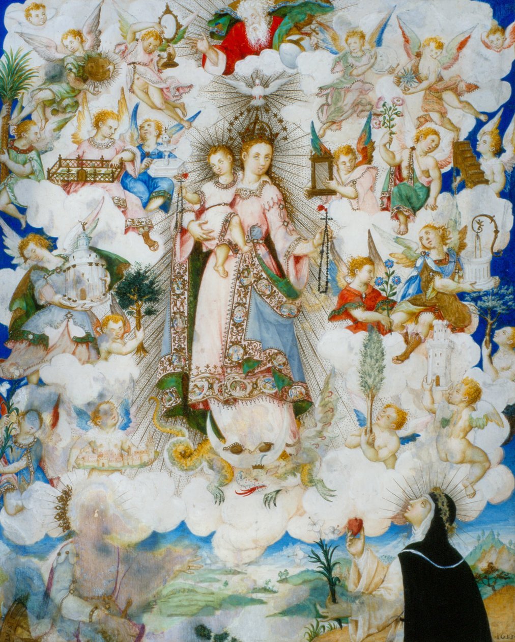 Jomfruen av rosenkransen med Saint Catherine of Alexandria og Saint Catherine of Siena av Luis Lagarto