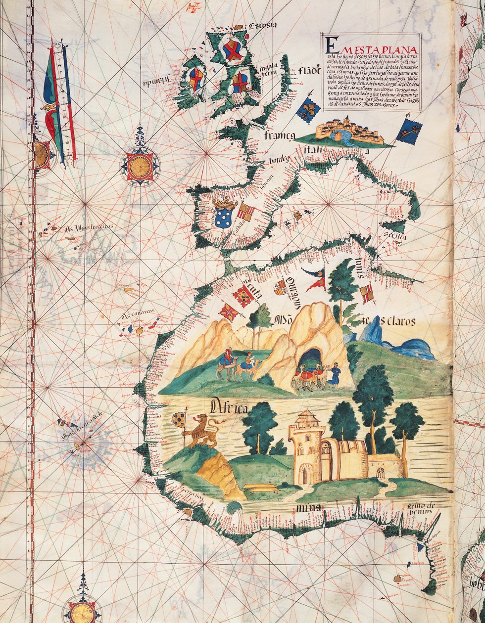 Fol.5v Kart over Storbritannia, Europa og Nordvest-Afrika, fra Portugaliae Monumenta Cartographica, en beretning om funnene til Fernao Gomez fra 1470-75, 1563 av Luis Lazaro
