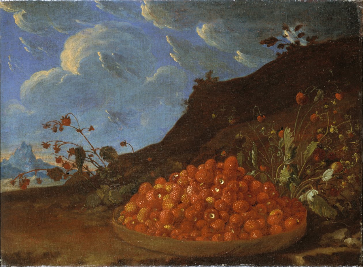 Kurv med ville jordbær i et landskap, ca. 1770 av Luis Menendez or Melendez