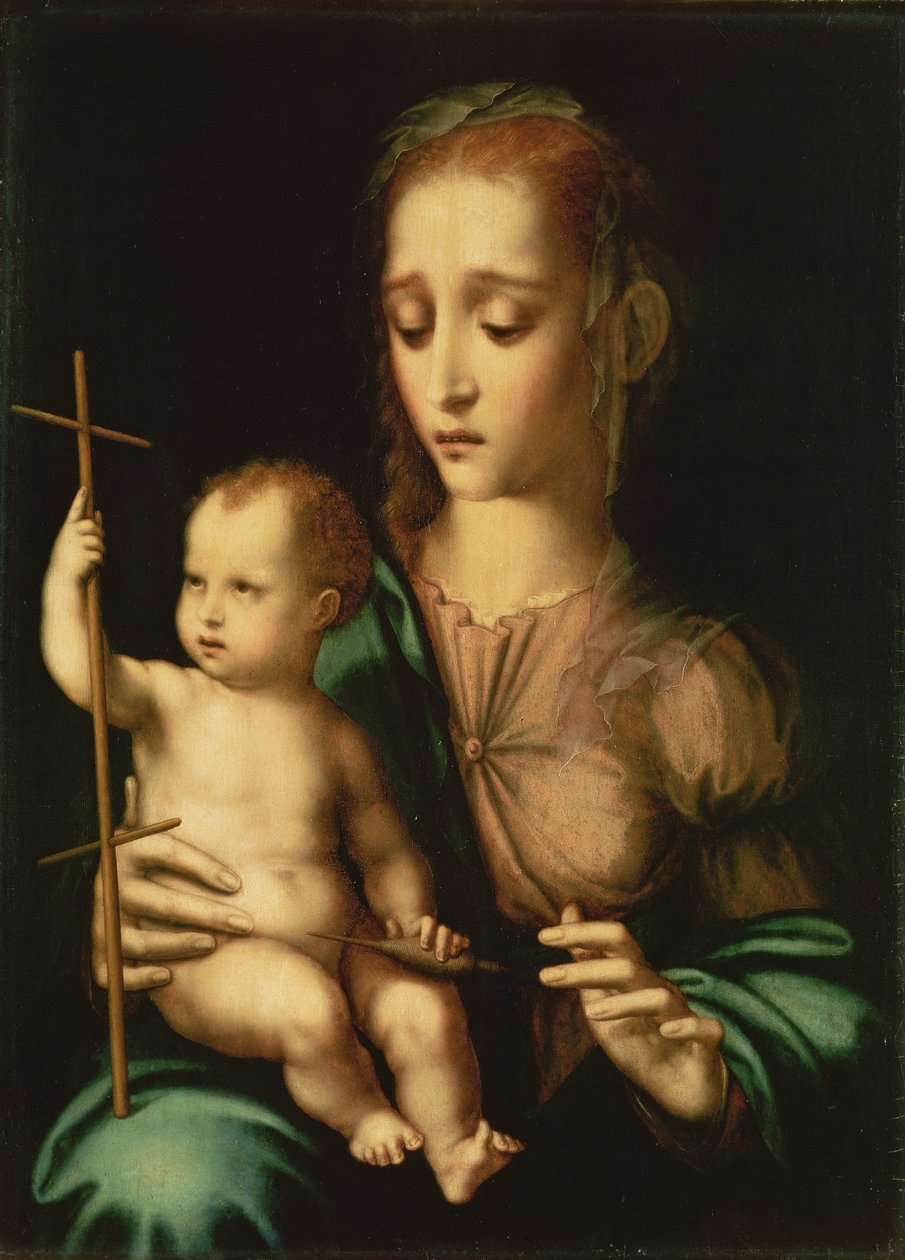 Madonna and Child with a Distaff, 1570-tallet (olje på lerret overført fra panel) av Luis de Morales