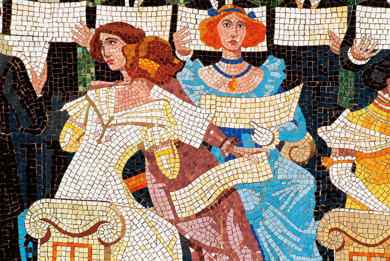 Art Nouveau-arkitektur: Palace of Catalan Music, Barcelona. Mosaikk som dekorerer fasaden: kvinne som synger i det katalanske koret (Orfeo Catala), detalj til venstre. av Luis Domenech i Montaner (1850-1923) og Lluis Bru I Salelles (1868-1952), 1905-19 av Luis & Bru i Salelles Luis (1868 1952) Domenech i Montaner