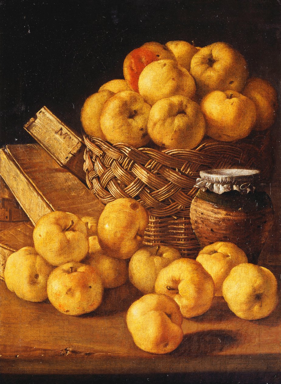 Epler i en kurv, en krukke og krydderbokser på et bord, av Luis Egidio Melendez
