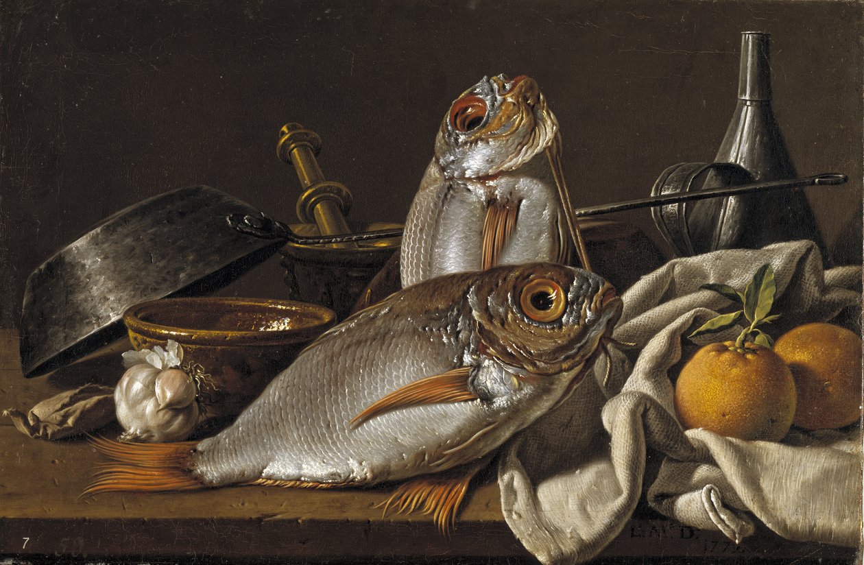 Stilleben med brasme, appelsiner, hvitløk og kjøkkenutstyr, 1772 av Luis Egidio Melendez