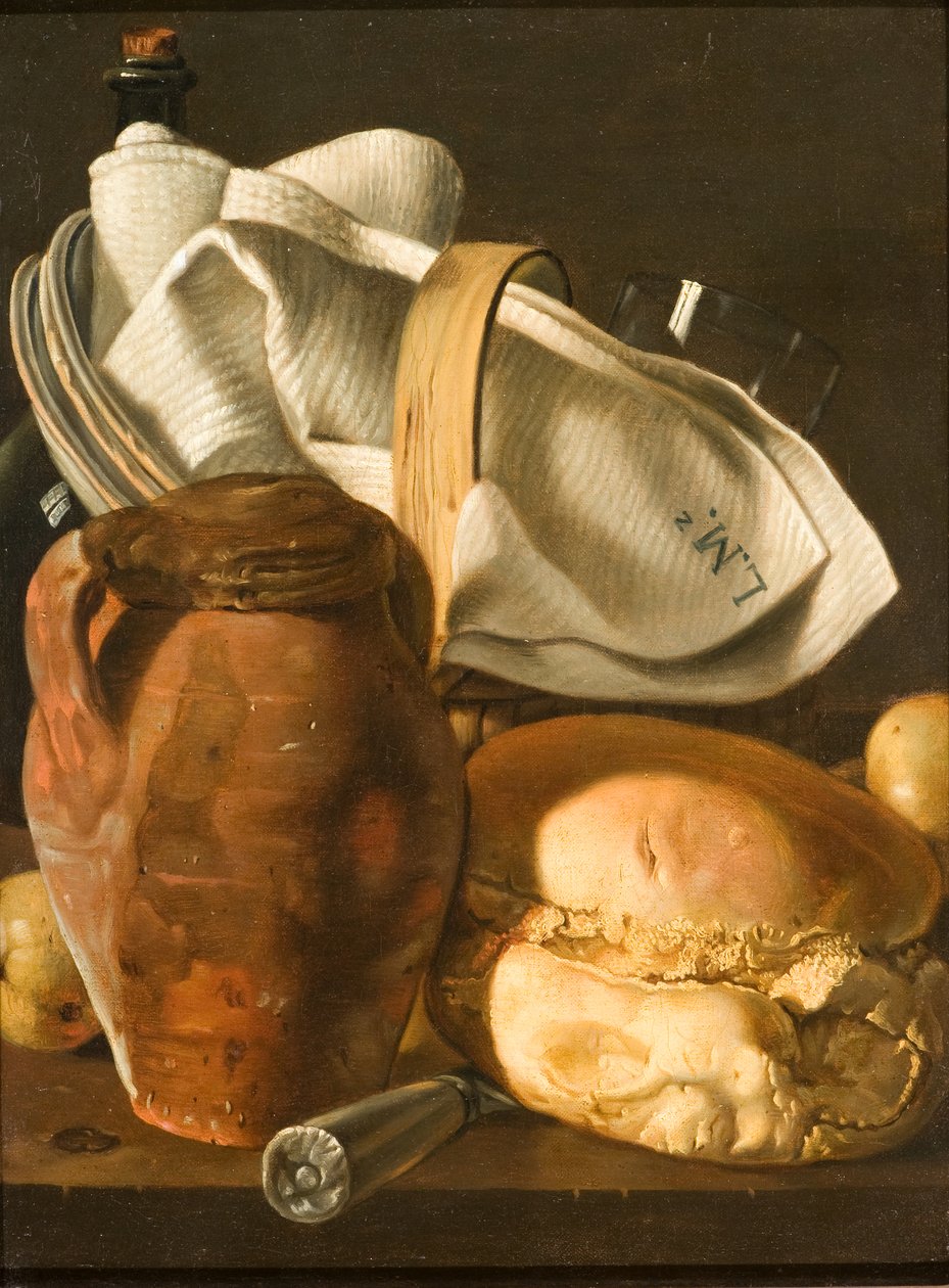 Stilleben med brød, en kanne og en serviett, etter cirka 1830 (olje på lerret) av Luis Egidio Melendez