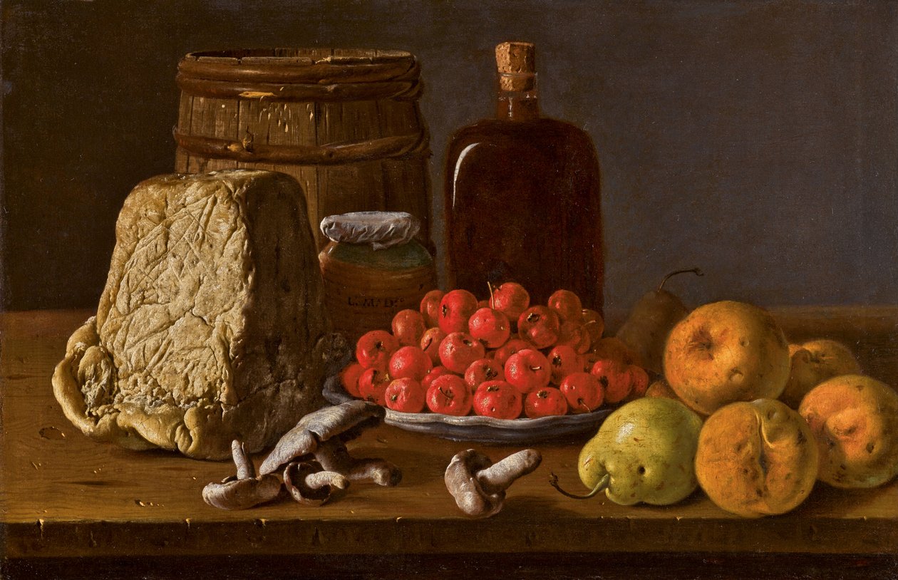 Stilleben med en tallerken med azaroler, frukt, sopp, ost og beholdere. av Luis Egidio Melendez