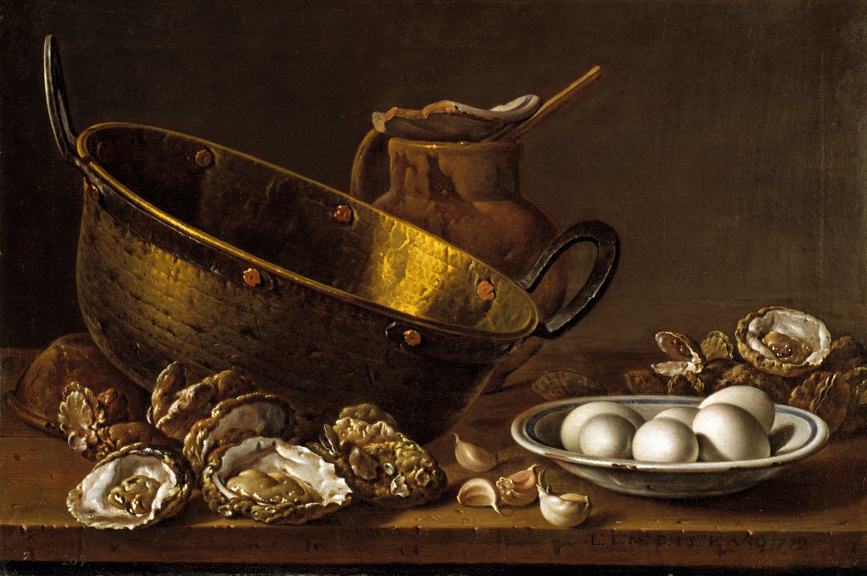 Stilleben med østers, hvitløk og egg av Melendez, Luis Egidio (1716-1780) av Luis Egidio Melendez