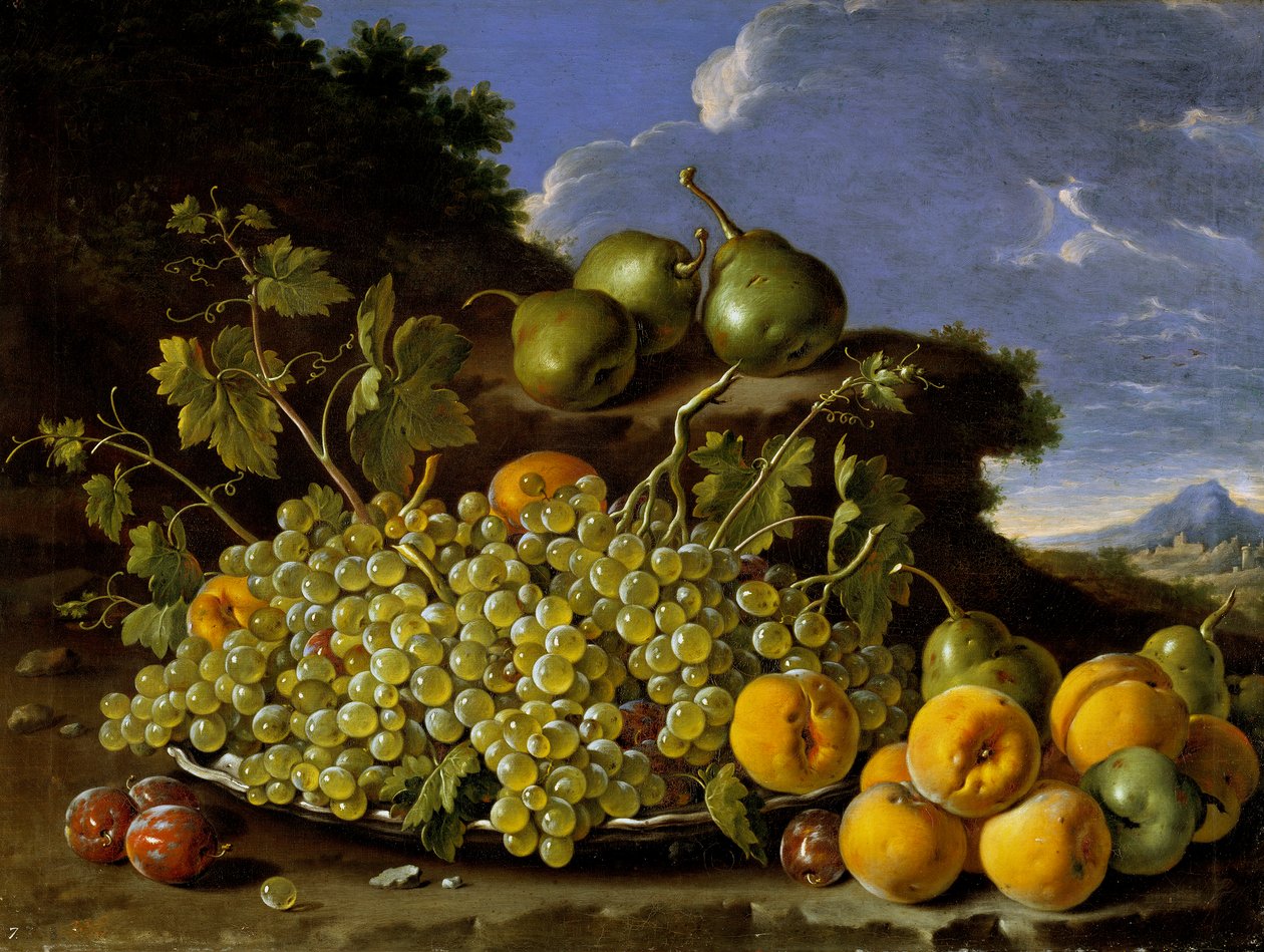 Stilleben med tallerken med druer, fersken, pærer og plommer i et landskap, ca. 1771 av Luis Egidio Melendez