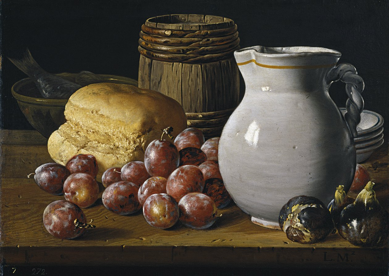 Stilleben med plommer, fiken, brød og mugge, andre halvdel av 1700-tallet av Luis Egidio Melendez
