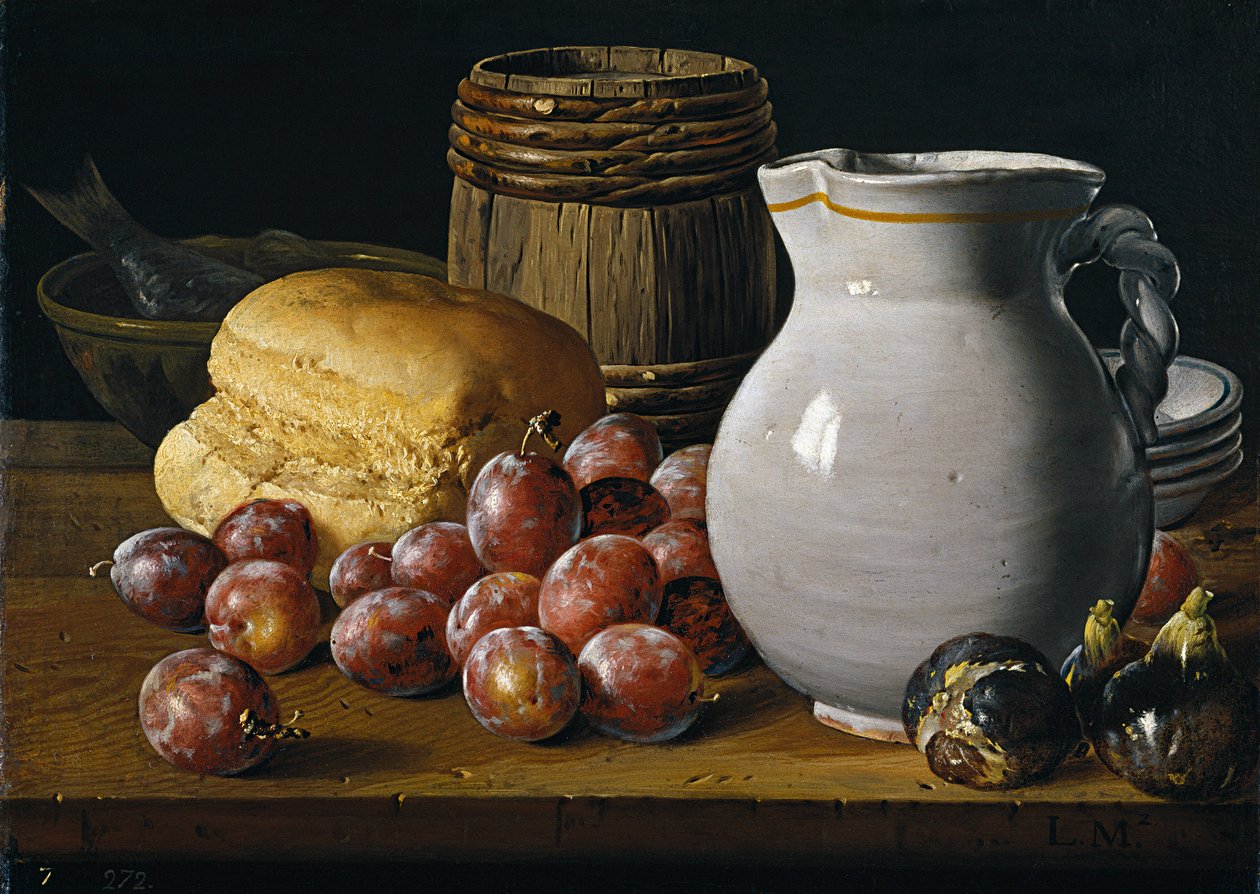 Stilleben med plommer, fiken, brød og mugge par Melendez, Luis Egidio (1716-1780), andre halvdel av 1700-tallet. - Olje på lerret, 35x48 - Museo del Prado, Madrid av Luis Egidio Melendez