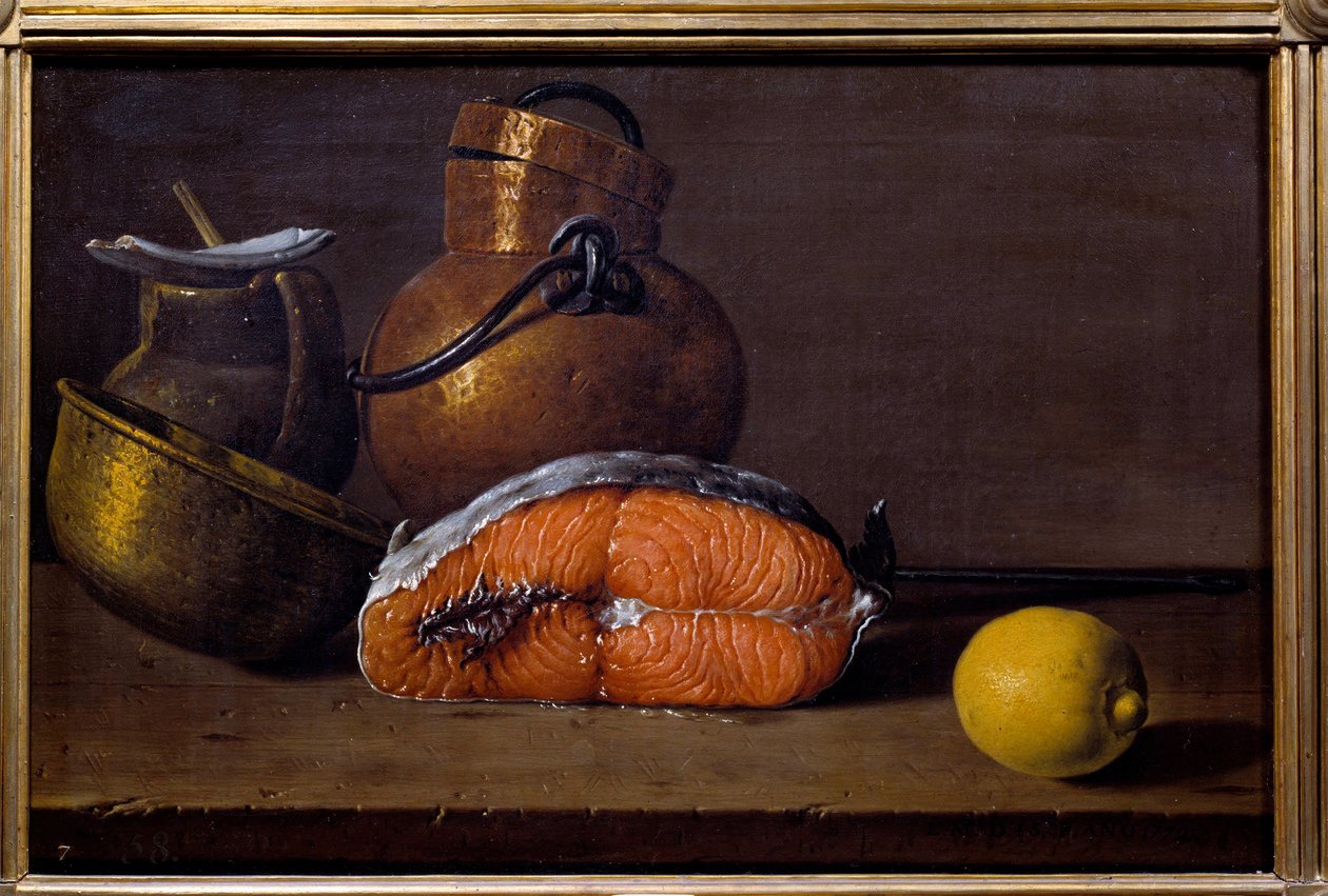 Lakseskive, en sitron og bestikk. Maleri av Luis Melendez (1716 - 1780), spansk skole av Luis Egidio Menendez or Melendez