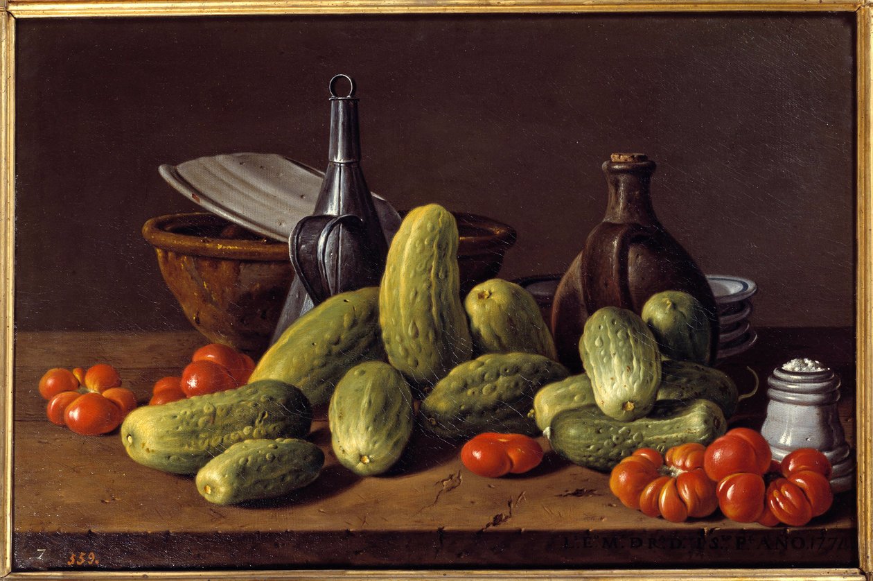 Stilleben: agurker, tomater og beholdere. Maleri av Luis Melendez (1716 - 1780) av Luis Egidio Menendez or Melendez