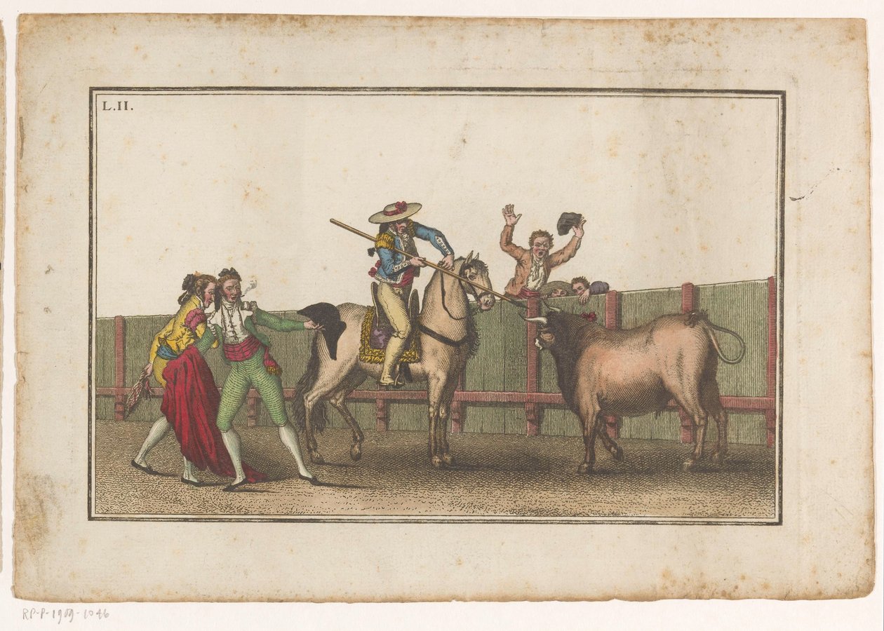 Picador retter lansen mot en okse Coleccion de las principales suertes de una corrida de toros (serietittel) Samling av de viktigste tyrefektingsmanøvrene (serietittel) av Luis Fernandez Noseret